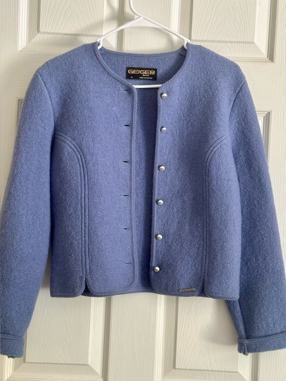 Vintage Geiger Austria 100% Boiled Wool Blue Jacket Cardigan EU 42